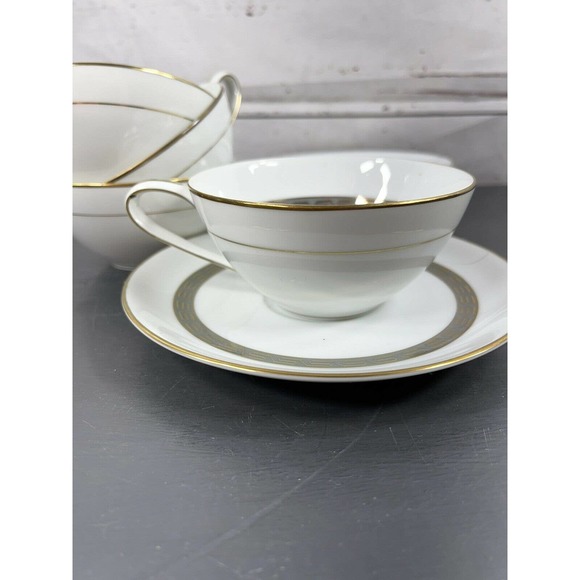 Noritake Japan 4 Cup and Saucers Set Bowl Grey Gold Greek Key Hartford 5944 - Picture 3 of 9